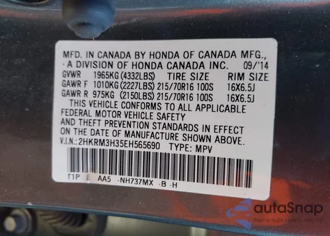 2014 Honda Cr-V Lx from USA, damaged, VIN 2HKRM3H35EH565690